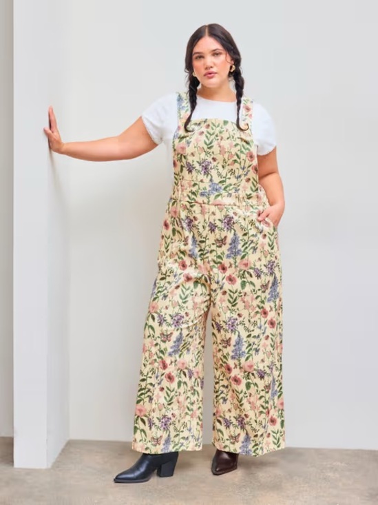 Cider Pants - Cider Lightweight Corduroy Botanical Floral & Bug Button Wide Leg Jumpsuit